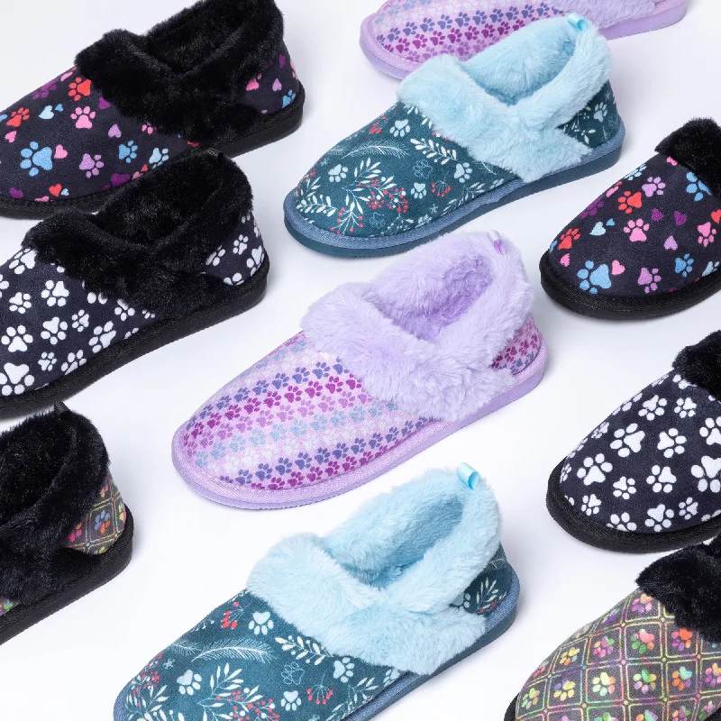 Women's Faux Fur Lined Slippers with Memory Foam Insoles in Pink for Cozy Nights Paw Print Faux Fur Lined Indoor/Outdoor Slippers