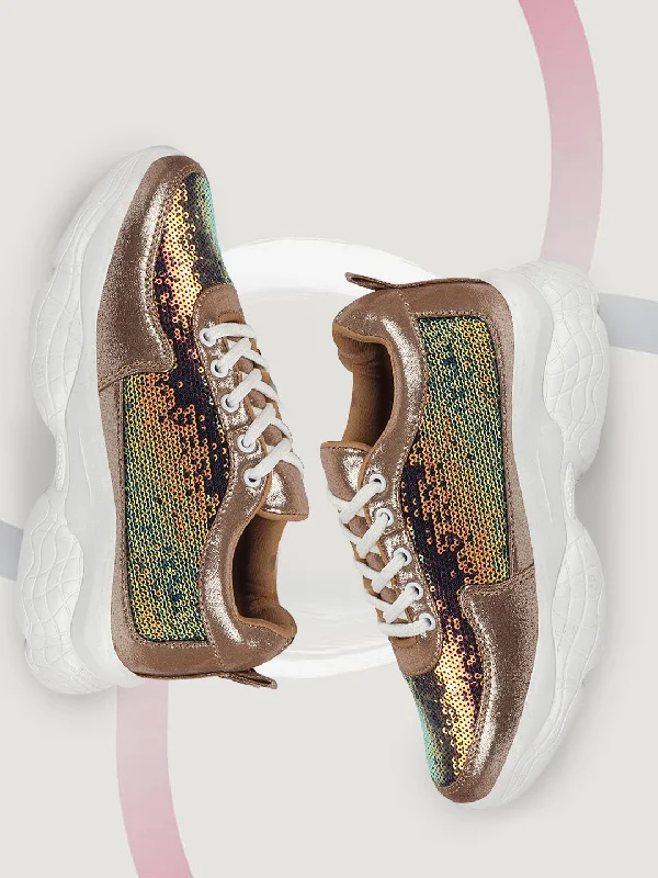 Women's casual shoes for a weekend getaway Women Golden Stylish Lace Up Embellished Sneakers Women's casual shoes for a weekend getaway Women Golden Stylish Lace Up Embellished Sneakers