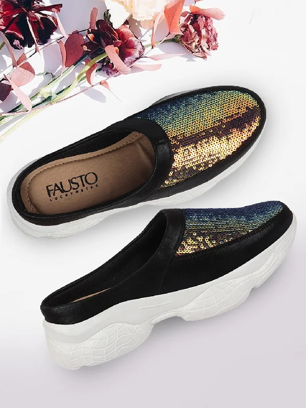 Women's casual shoes with leopard prints for a trendy style Women Black Back Open Embellished Slip On Mules Women's casual shoes with leopard prints for a trendy style Women Black Back Open Embellished Slip On Mules