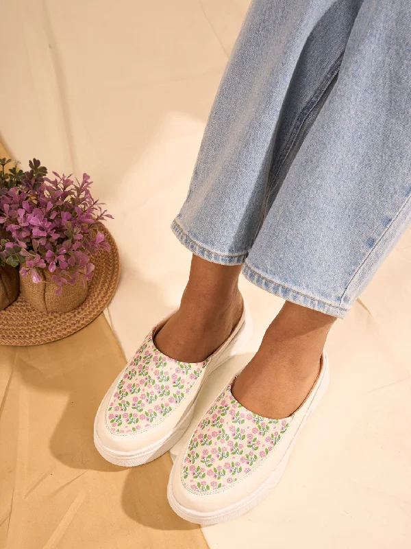Women's casual shoes with glitter accents for a touch of glamour Women White Stiched Floral Print Back Open Height Enhancer Flatform Heel Slip On Casual Shoes Women's casual shoes with glitter accents for a touch of glamour Women White Stiched Floral Print Back Open Height Enhancer Flatform Heel Slip On Casual Shoes