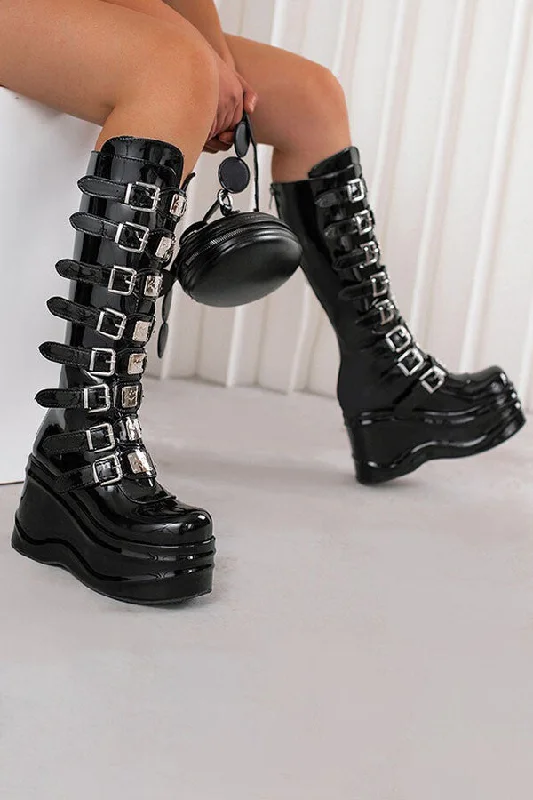 women's boots for springBlack Smart Buckled Chunky Boots