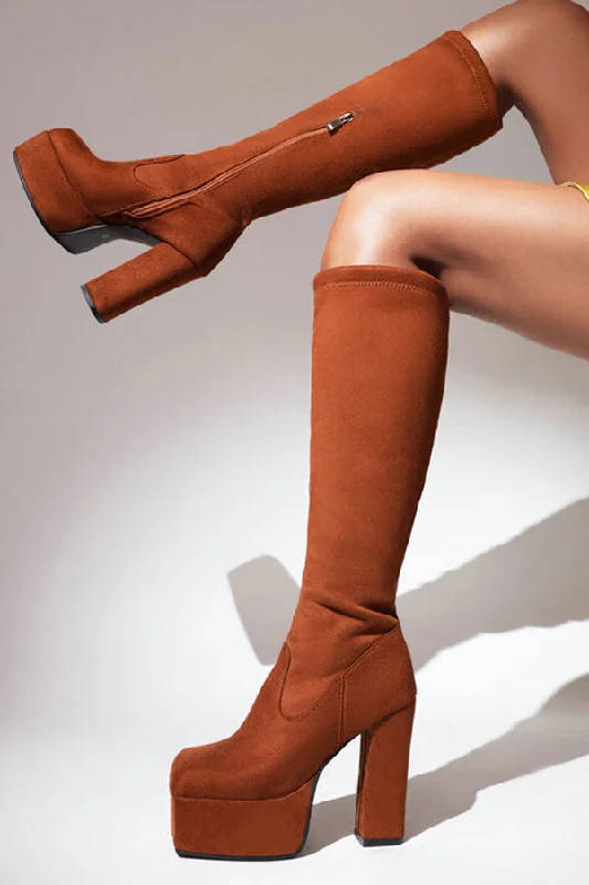 women's boots with pointed toesBrown Smart Square Toe Platform Block Boots