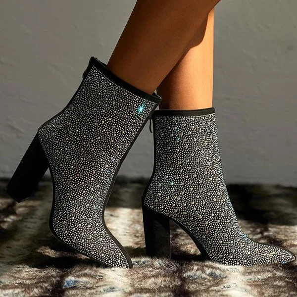 women's leather bootsRhinestone Glittery Pointed Toe Block Boots