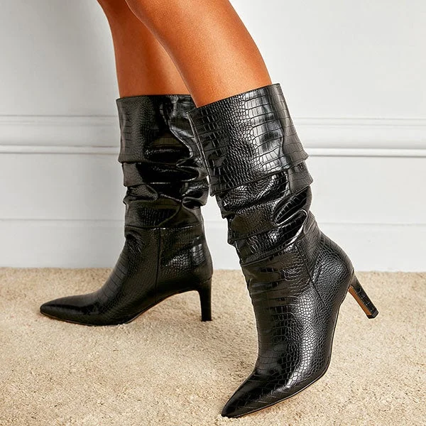 women's riding bootsSolid Color Ruched Glamorous Pointed Toe Stiletto Boots