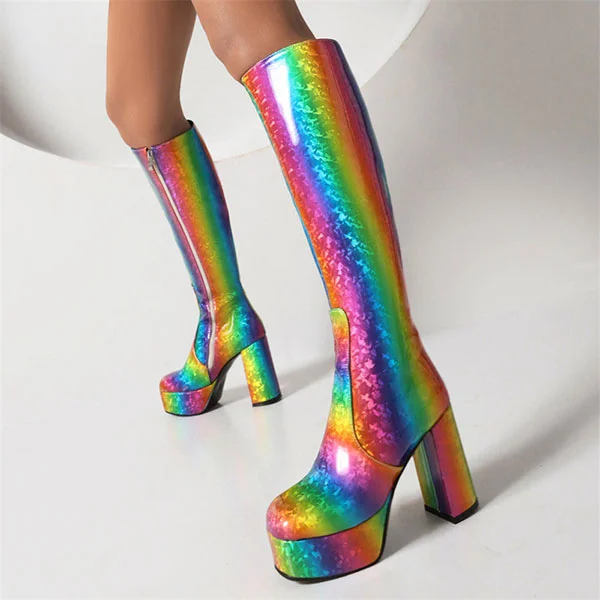 women's heeled bootsRainbow Gradient Cute Zipper Platform Boots