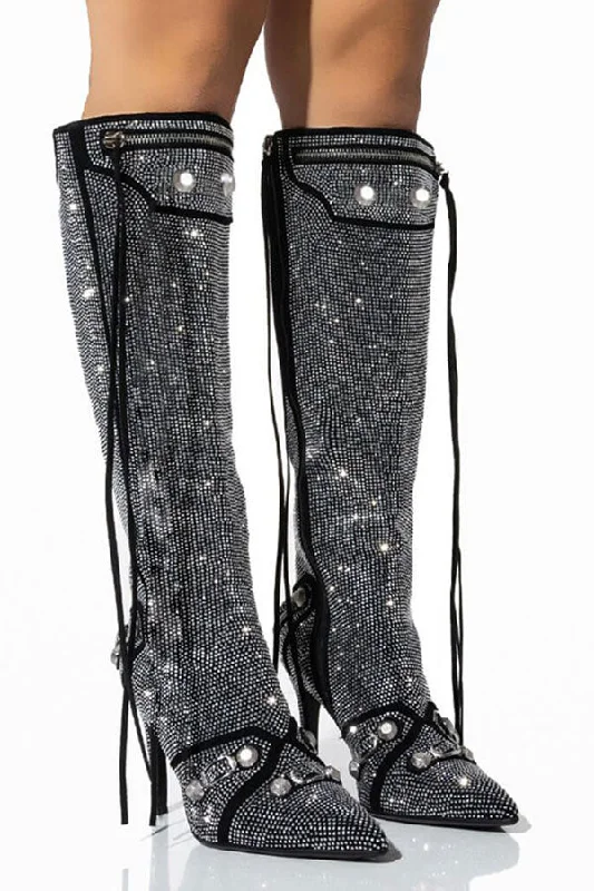 women's boots for outdoor activitiesRivet Design Sparkly Rhinestone Ribbons Boots