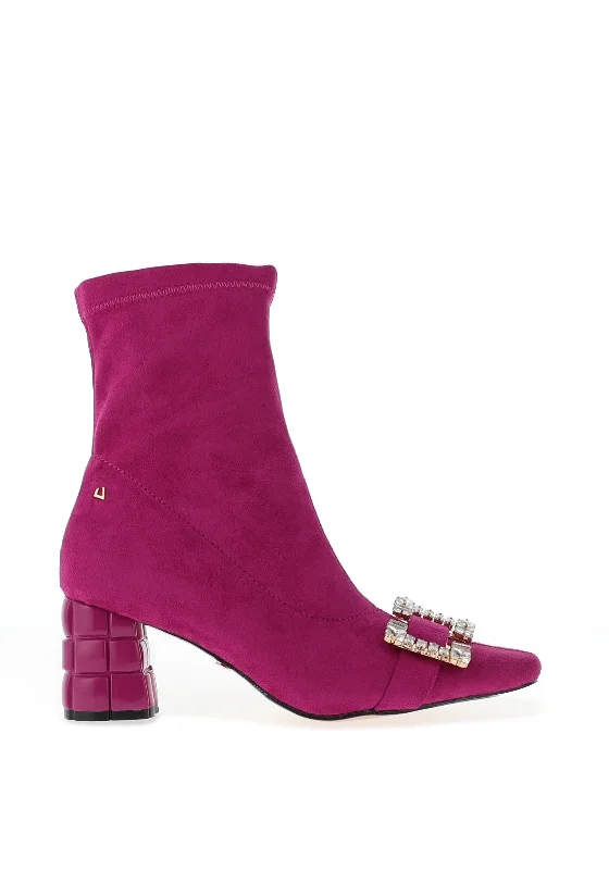 women's boots in metallic finishUna Healy Jaded Embellished Broach Heeled Boots, Xtreme Pink