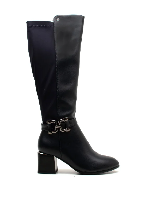 women's boots with round toesZanni & Co Kirdasa Knee High Block Heeled Boots, Navy