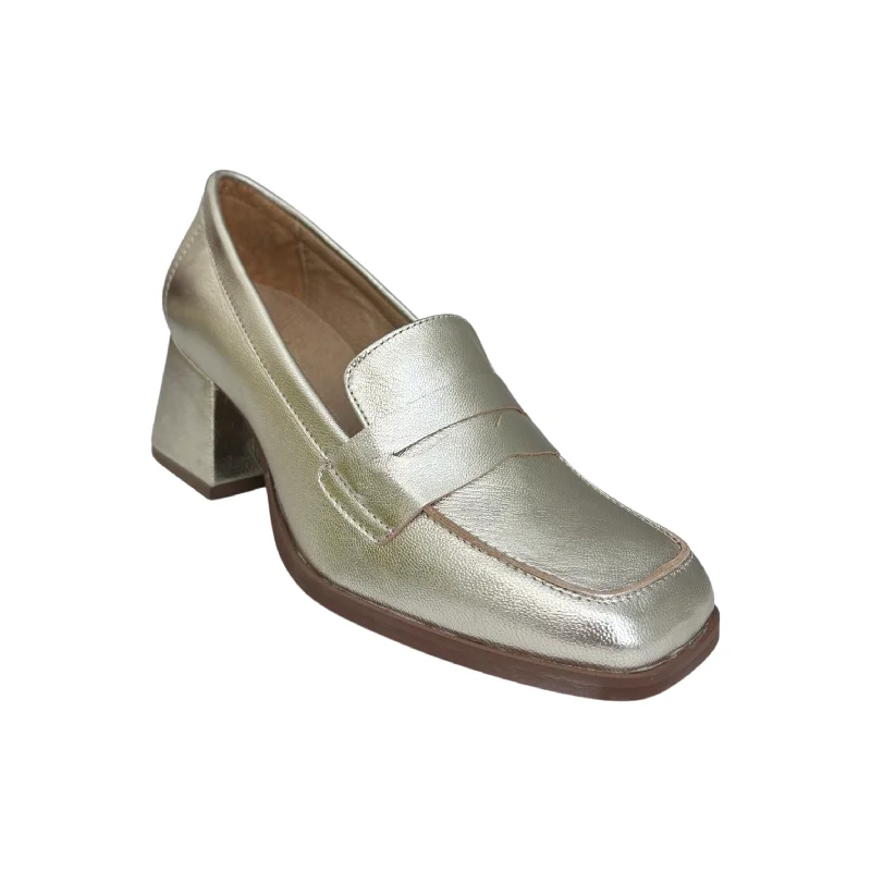 Waterproof Women's Loafers in Black for Rainy DaysAma Metallic Champagne Block Heel