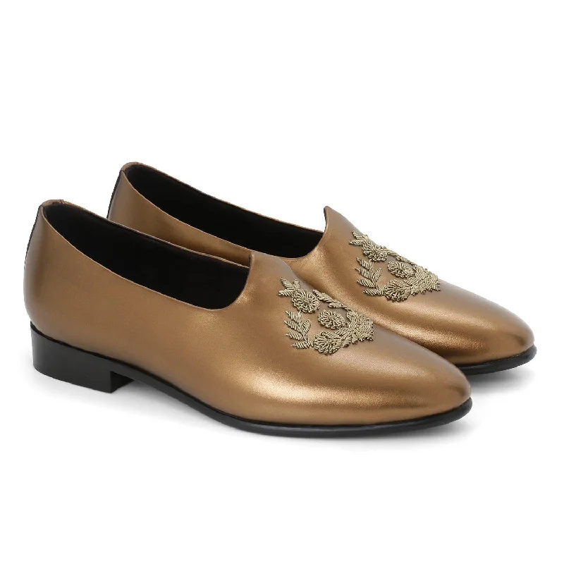 Women's Premium Leather Tassel Loafers in Dark Brown for a Classic Office LookAnza Copper Hand-Embroidered Ethnic Slip-Ons