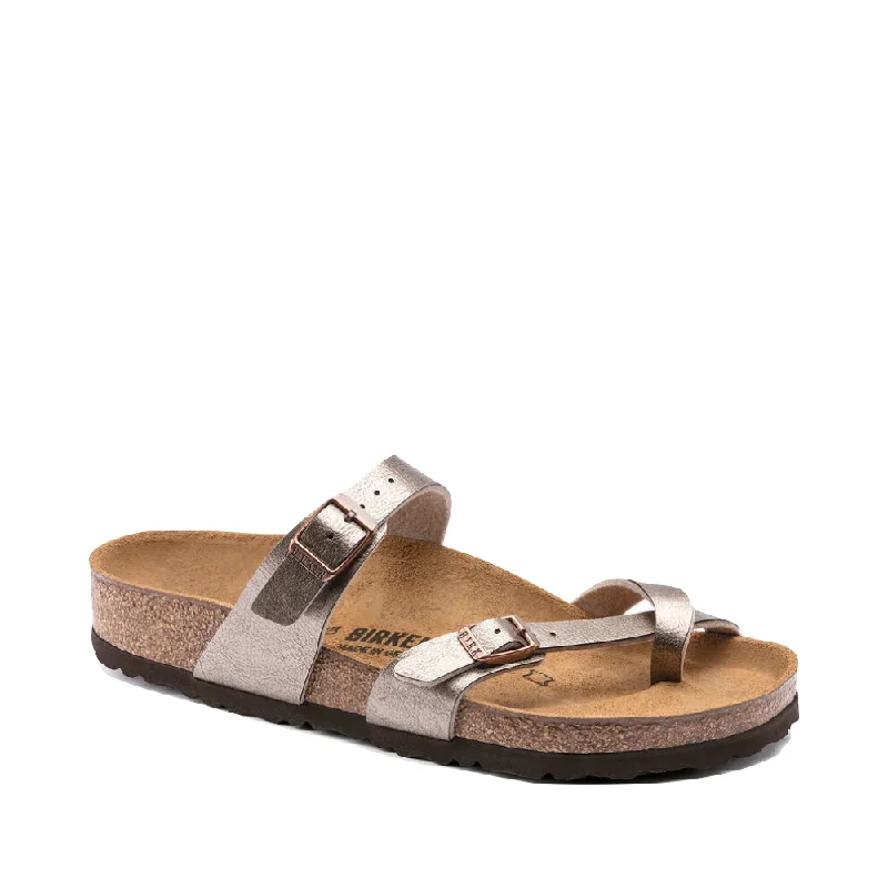 Anti - Slip Women's Sandals with a Grooved Sole in Green for Outdoor AdventuresBirkenstock Women's Mayari Birko-Flor Toe Loop Sandal in Graceful Taupe Metallic