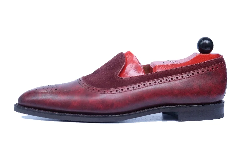 Women's Geometric - Patterned Loafers in Multicolor for a Fashion - Forward LookBothell - MTO - Burgundy Marble Patina / Burgundy Suede - Heart Medallion - TMG Last - City Rubber Sole