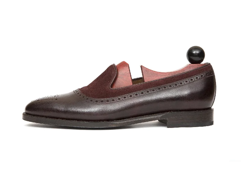 Sustainable Women's Recycled Material Loafers in Gray for Eco - Conscious ShoppersBothell - MTO - Plum Museum Calf / Burgundy Suede - TMG Last - Single Leather Sole