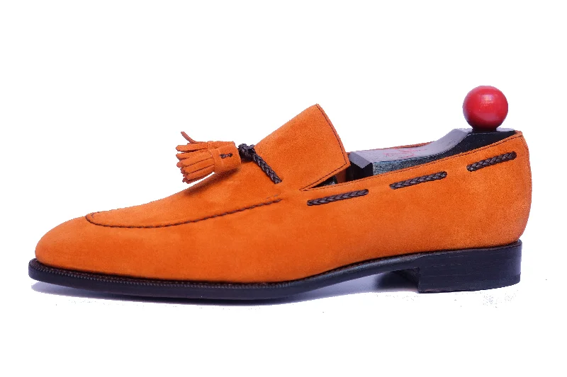 Women's Tassel - Trimmed Loafers with a Low Heel in Olive Green for a Trendy TwistEskapa - MTO - Orange Suede / Black Stitching - LPB Last - Single Leather Sole