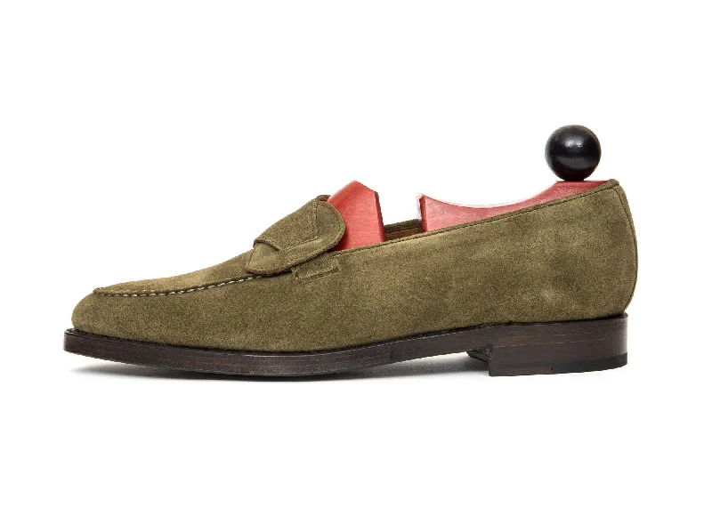 Sustainable Women's Recycled Material Loafers in Gray for Eco - Conscious ShoppersHawthorne - MTO - Olive Suede - TMG Last - Double Leather Sole