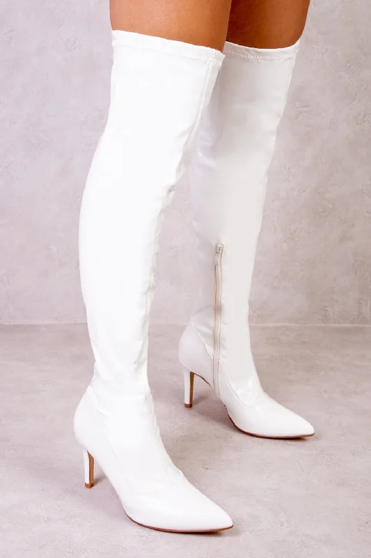 women's heeled boots in metallic finishesLEXI OVER THE KNEE BOOTS WITH STILETTO HEELS IN WHITE PATENT FAUX LEATHER