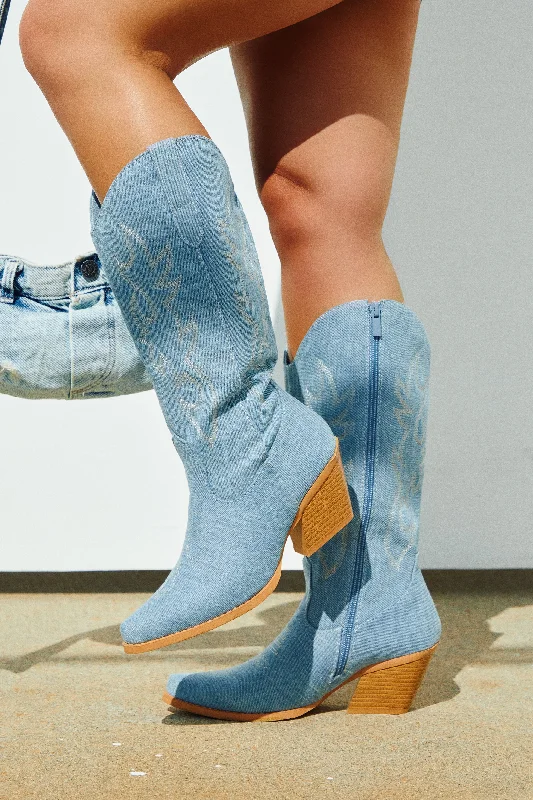 women's booties with fringeAbby Cowgirl Boots - Denim