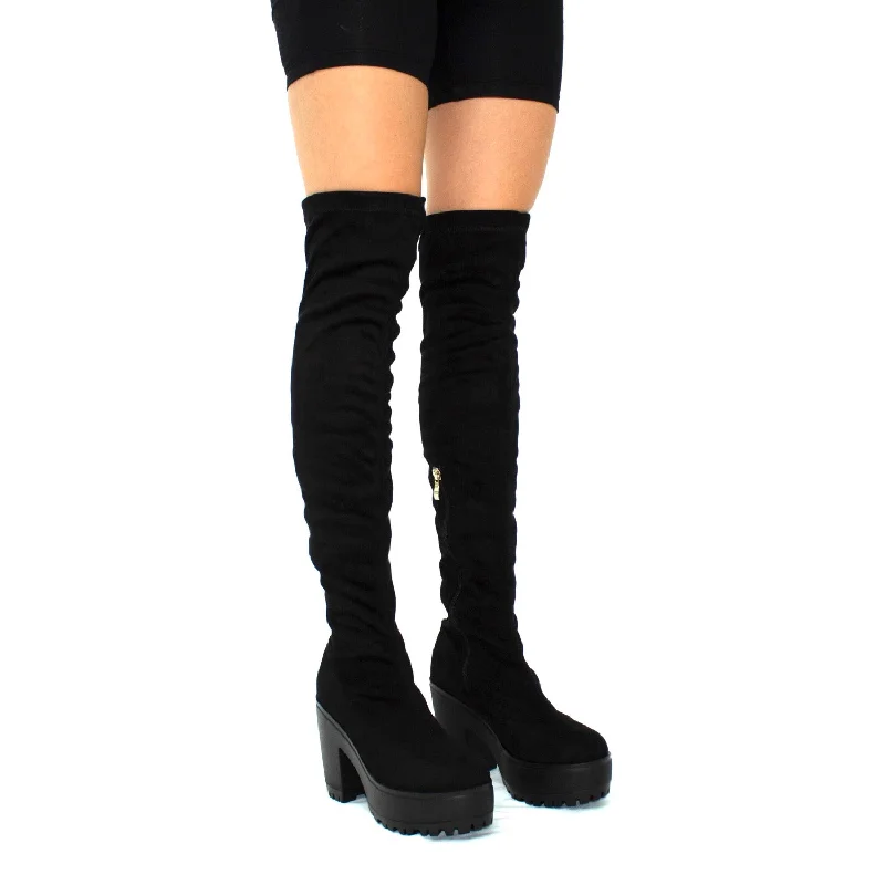 women's heeled boots with pointed toesAddison- Black Faux Suede with Black Chunky Sole Zip Up Thigh High Boots