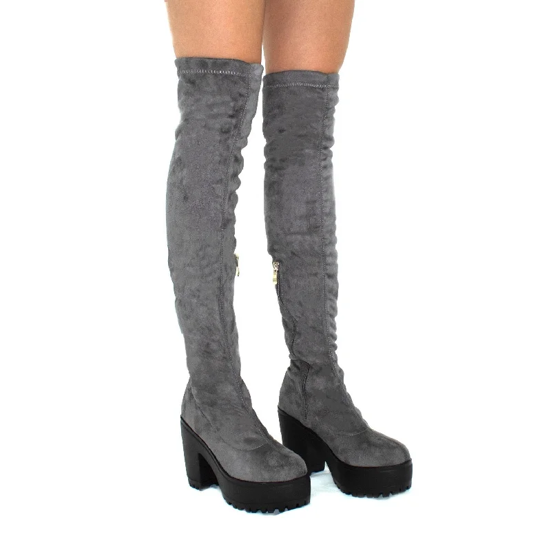 women's over-the-knee heeled bootsAddison- Grey Faux Suede with Black Chunky Sole Zip Up Thigh High Boots