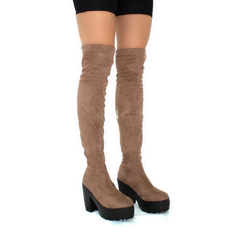 women's heeled riding bootsAddison- Mocha Faux Suede with Black Chunky Sole Zip Up Thigh High Boots