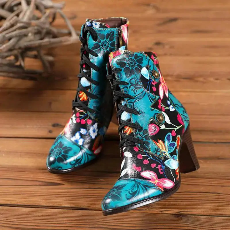 women's booties with western vibeArmak2 - Vibrant floral pattern leather booties for women