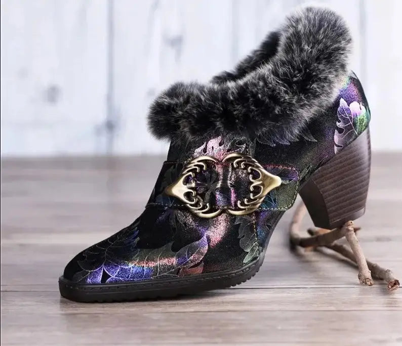 women's booties with pull-on tabsArty - Colorful Fur Collar Warm Booties for women