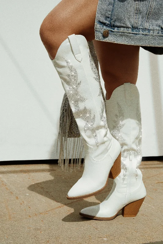 women's booties with platformAustin Embellished Cowgirl Boots - White