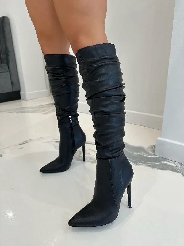 women's winter heeled bootsBliss -  Black Ruched Faux Leather Knee High Pointed Toe Heel Boots