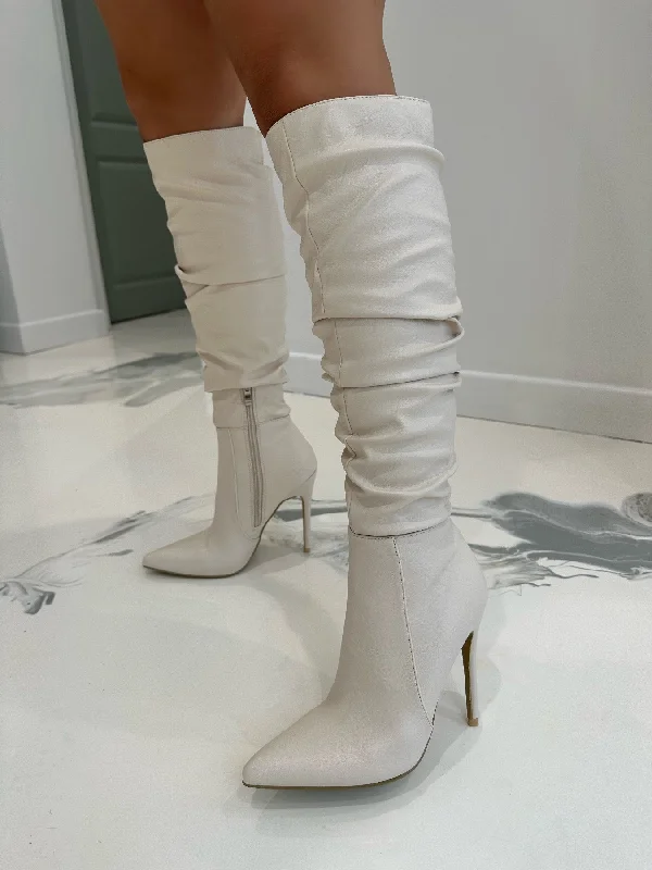 women's heeled boots with unique designsBliss -  Cream Ruched Faux Leather Knee High Pointed Toe Heel Boots