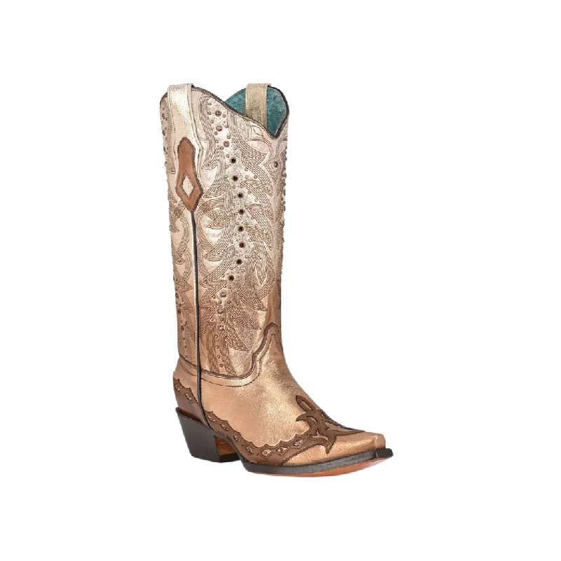 women's cowboy boots with lace-up detailCorral Women's Faded Bone Overlay & Embroidery Snip Toe Boots