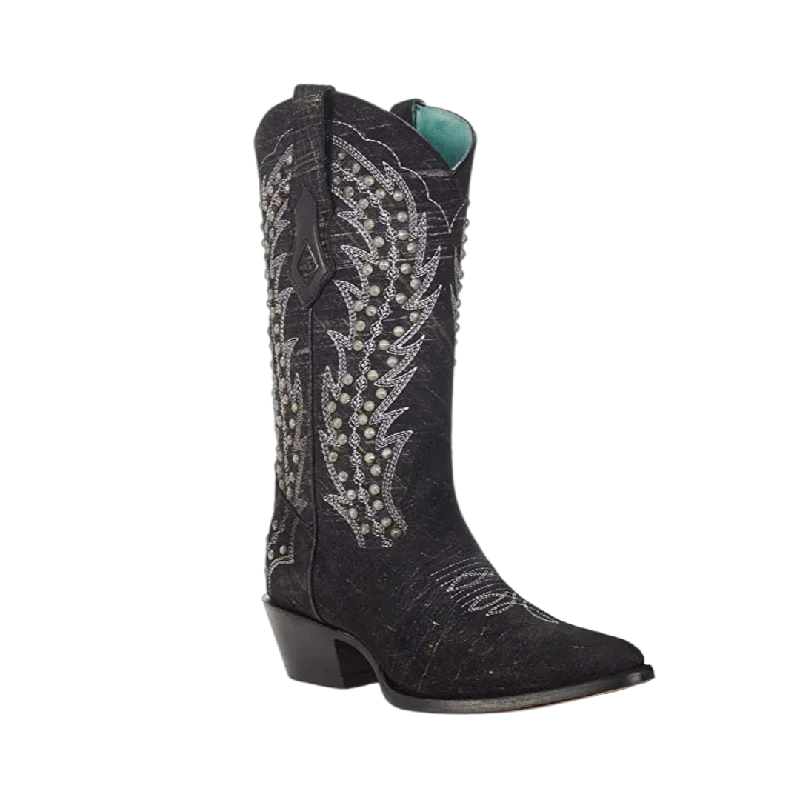 women's cowboy boots with elastic sidesCorral Women's Black Studded White Embroidery Boots