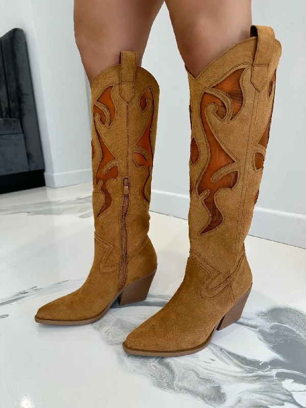 women's heeled boots for street styleDallas - Chestnut Suede with Mesh Detail Knee High Heeled Cow Boy Boots