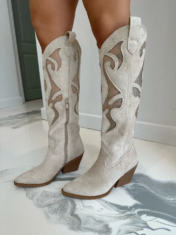 women's heeled boots for fashion-forward looksDallas - Cream Suede with Mesh Detail Knee High Heeled Cow Boy Boots