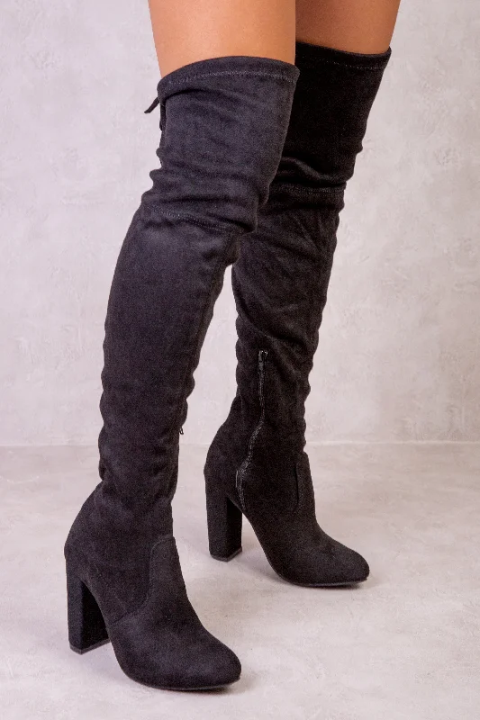 women's heeled boots with cutoutsDIANE HIGH HEEL OVER THE KNEE BOOT WITH LACE UP DETAIL IN BLACK SUEDE