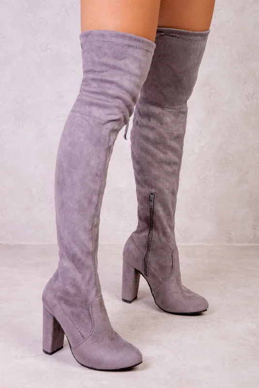 women's heeled boots for curvy figuresDIANE HIGH HEEL OVER THE KNEE BOOT WITH LACE UP DETAIL IN GREY SUEDE