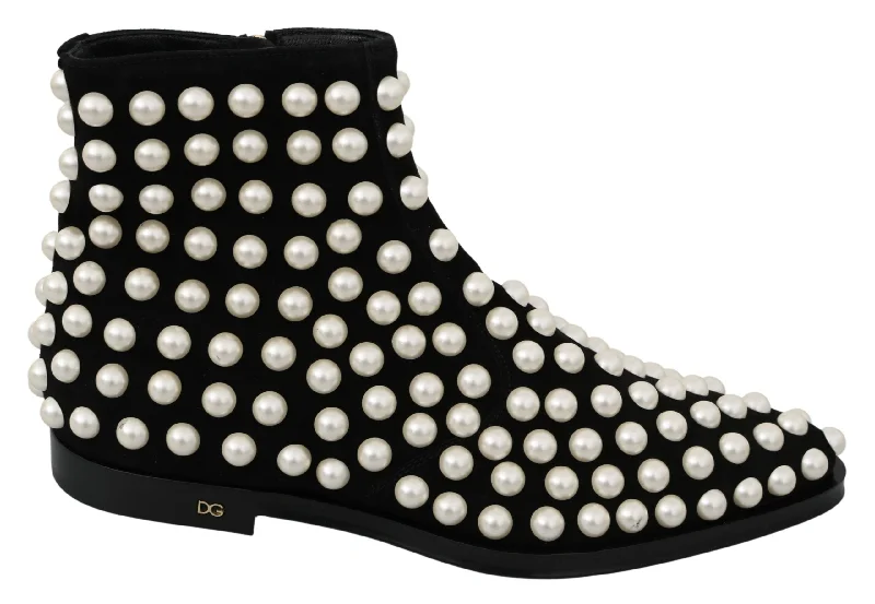 women's ankle bootiesDolce & Gabbana Black Suede Pearl Studs boots