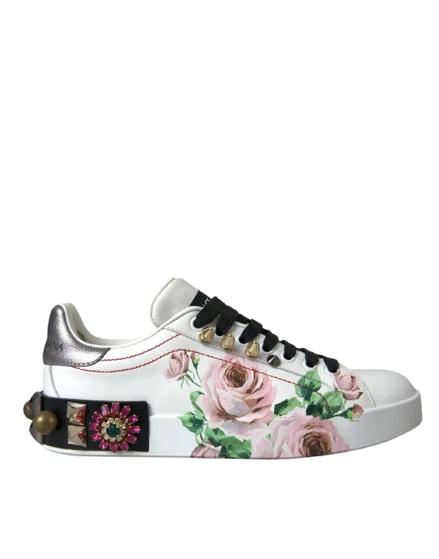 women's booties with block heelDolce & Gabbana White Leather Crystal Roses Floral Sneakers Shoes