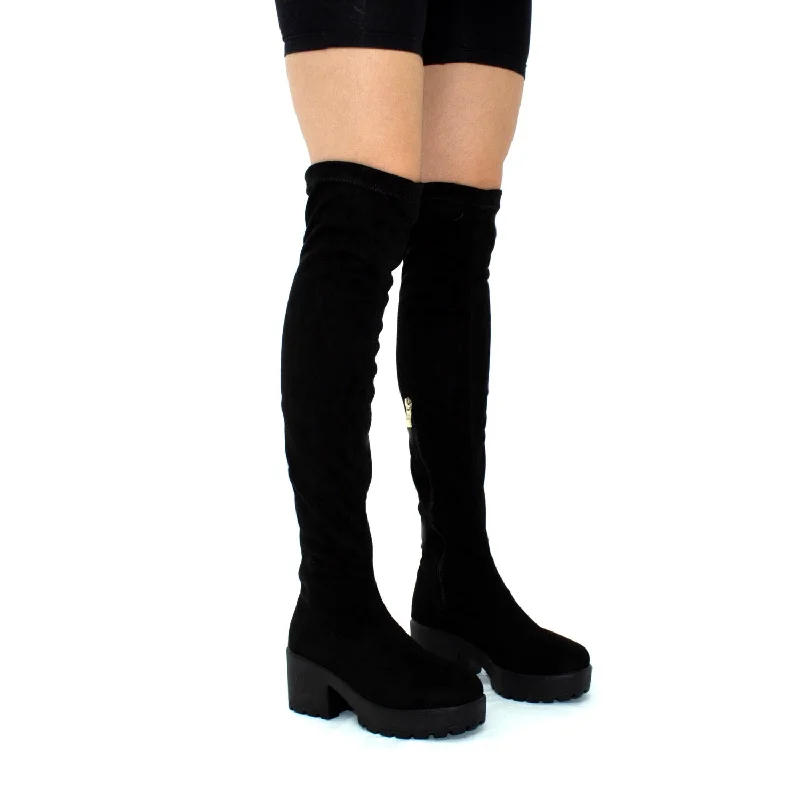 women's heeled boots for special occasionsElise- Black Faux Suede with Black Sole Zip Up Thigh High Boots