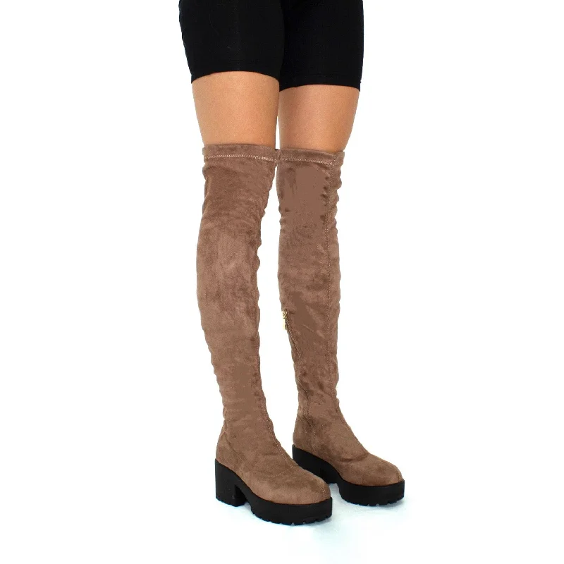 women's heeled boots for wide calvesElise- Mocha Faux Suede with Black Sole Zip Up Thigh High Boots