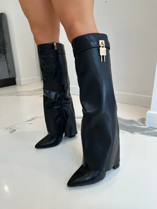 women's heeled boots with embroideryElisha - Black Faux Leather Lock Detail Knee High Block Heel Boots