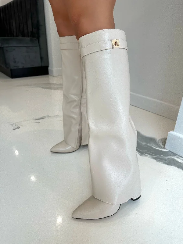 women's heeled boots for curvy figuresElisha - Cream Faux Leather Lock Detail Knee High Block Heel Boots