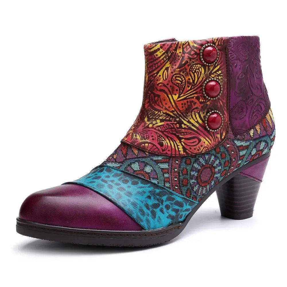 women's booties with peep toeEmbi - Colorful Retro Embroidered leather  Booties