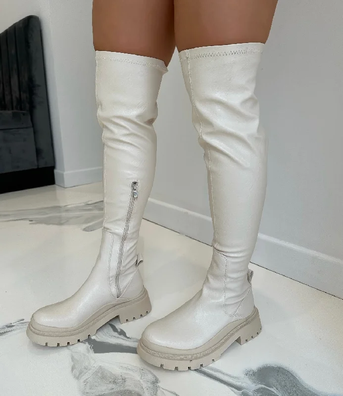 women's heeled boots with side goreGrande - Cream Faux Leather Thigh High Boots