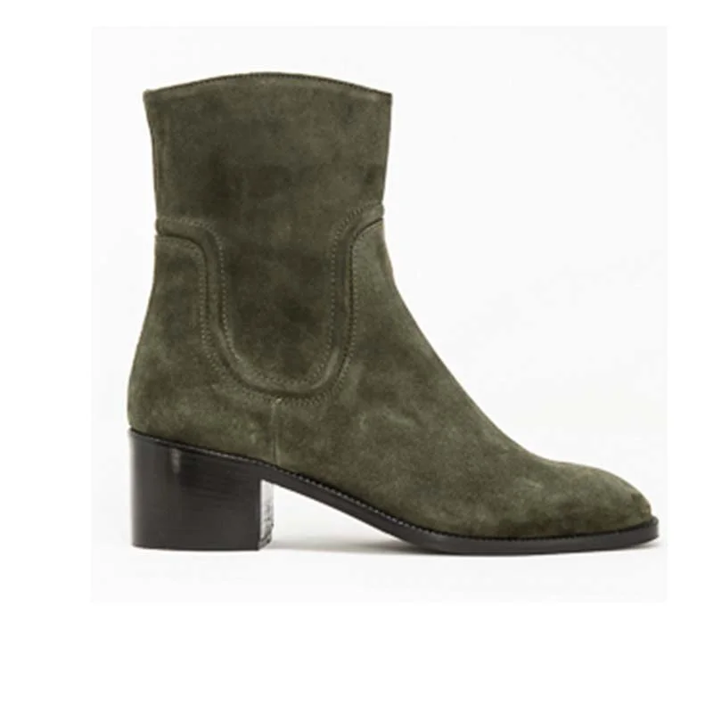 platform heeled boots for womenJane Galland Khaki Suede Heeled Ankle Boots