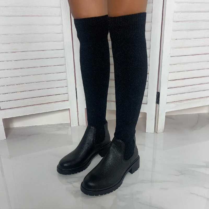 women's heeled boots with cutoutsJenner - Black Faux Leather with Stretch Thigh High Long Boots