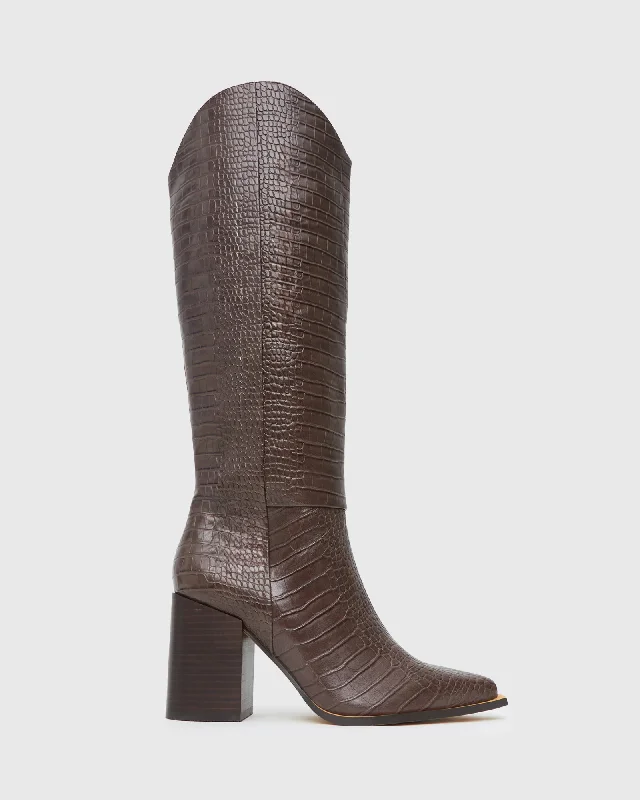 women's heeled boots in metallic finishesJERICO Block Heel Knee Boots