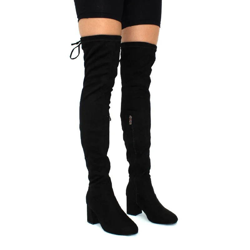 women's heeled Chelsea bootsJordan- Black Faux Suede Low Block Heel Knee High Boots