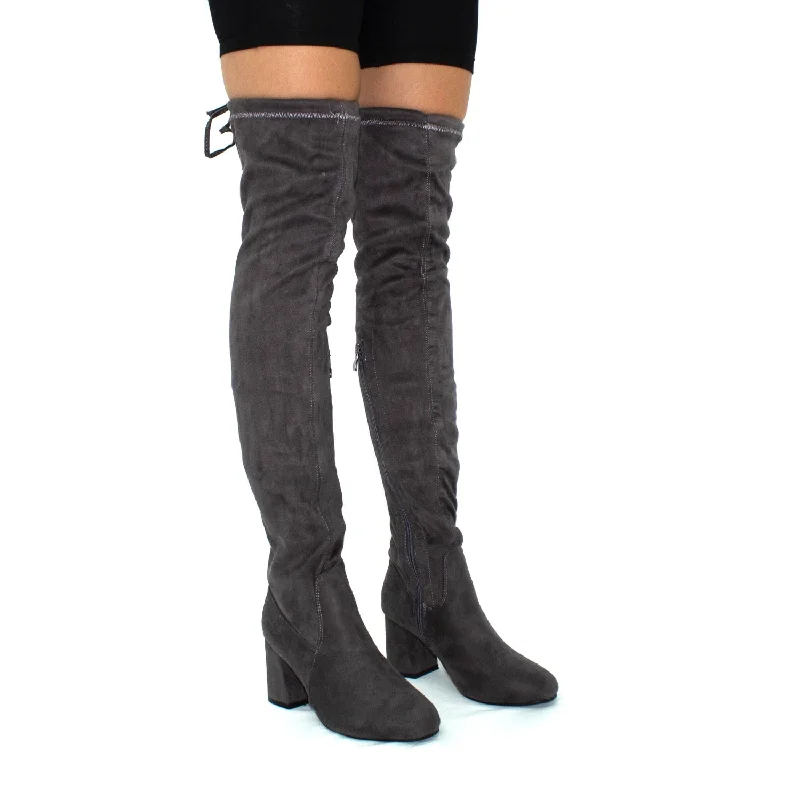 women's heeled boots for fashion bloggersJordan- Grey Faux Suede Low Block Heel Knee High Boots