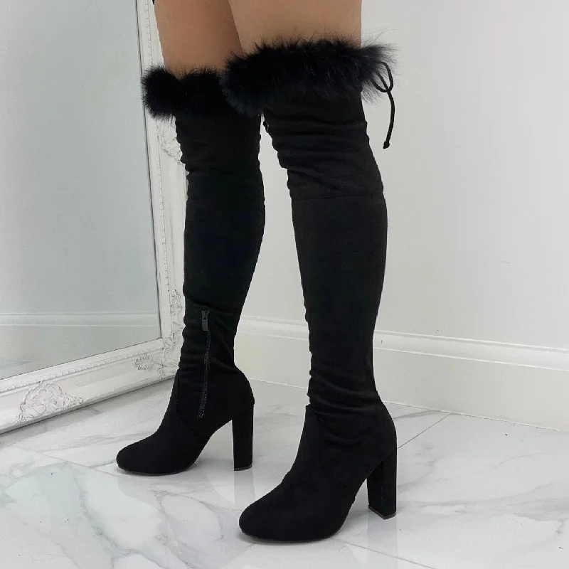 women's heeled boots for workKaitlyn  - Black Faux Suede with Fur Trim Over The Knee Tie Up Block Heel Boots