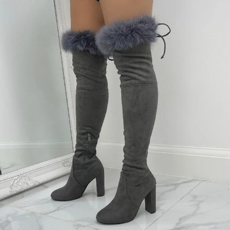 women's lace-up heeled bootsKaitlyn - Grey Faux Suede Over The Knee Tie Up Block Heel Boots